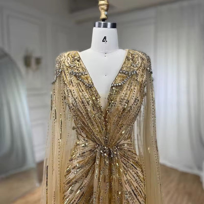 Elegant Fitted Gown with Beaded Details and Dramatic Cape