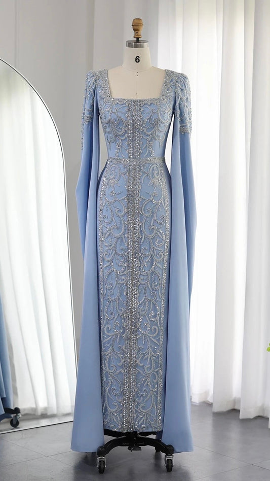 Luxury Sky Blue Evening Dress with Cape Sleeves