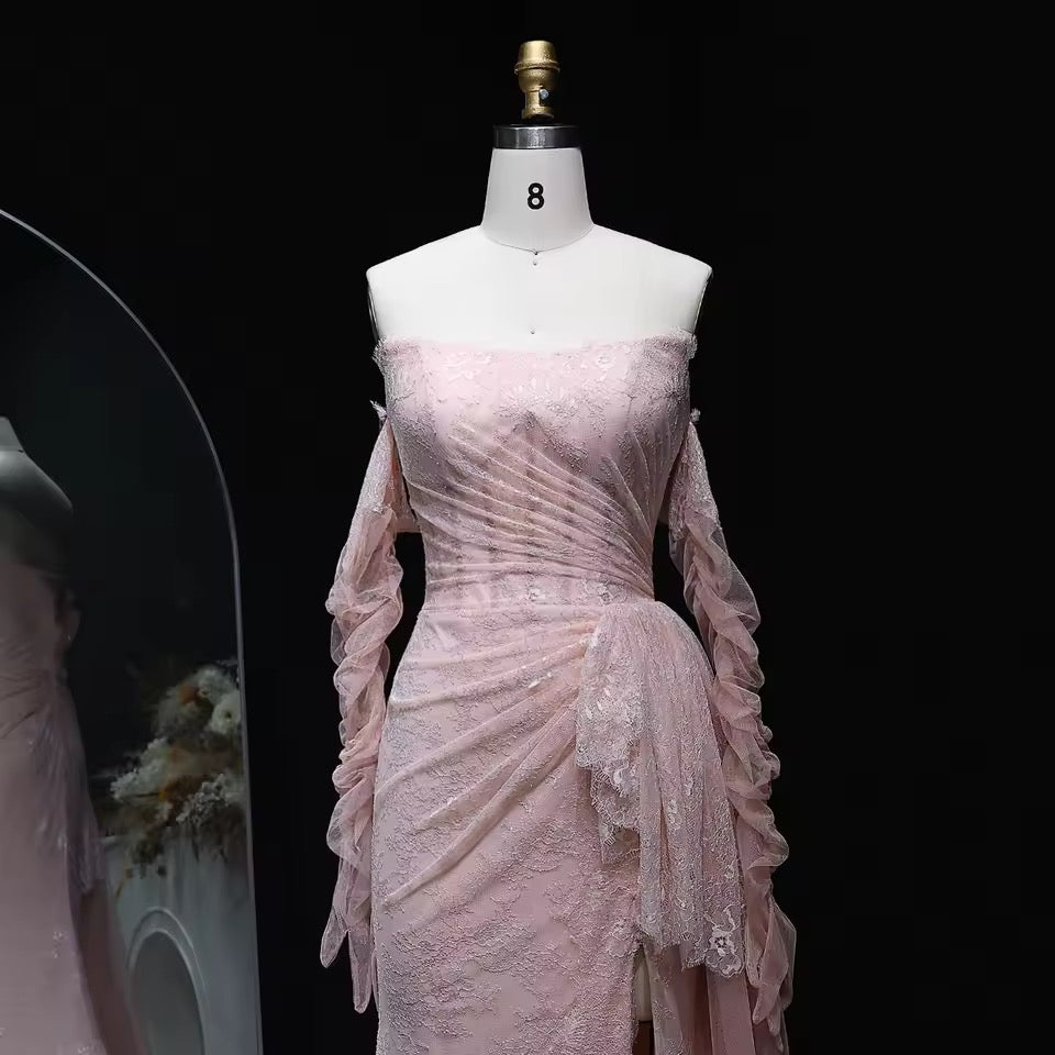 “Blush Orchid” Gown with Flowy Gloves and Draped Lace Detail