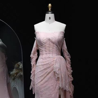 “Blush Orchid” Gown with Flowy Gloves and Draped Lace Detail