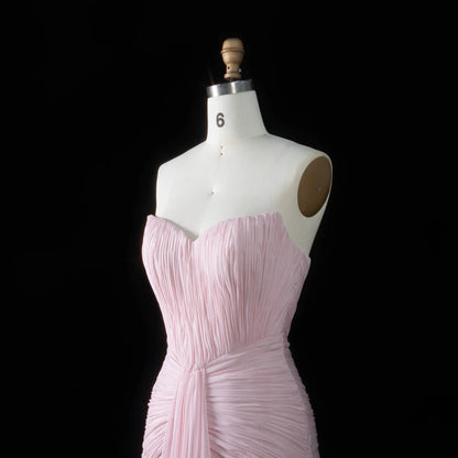 Baby Pink Strapless Chiffon Gown with Ruched Bodice & Flowy Skirt