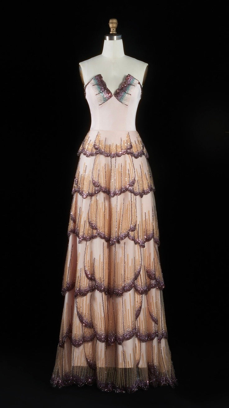Tiered Crystal-Embellished Gown with Scalloped Petal Layers