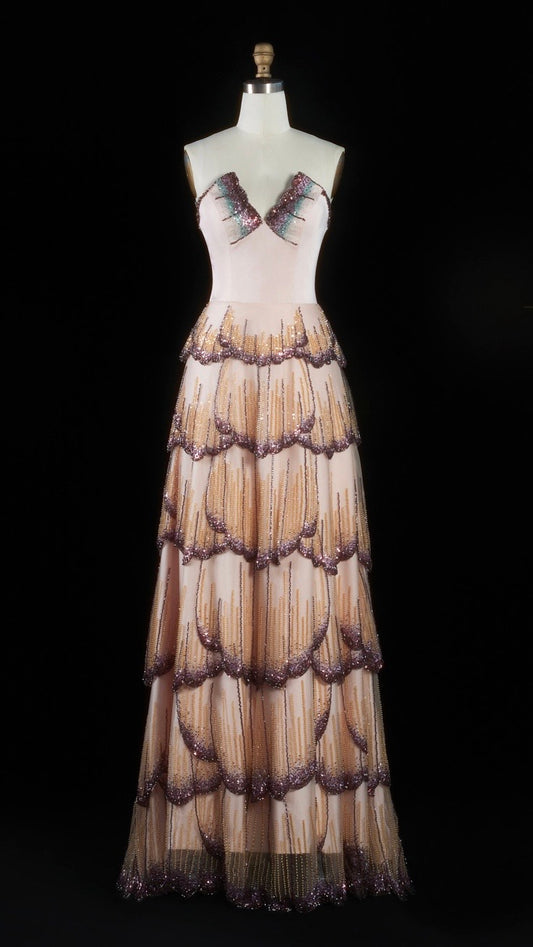 Tiered Crystal-Embellished Gown with Scalloped Petal Layers