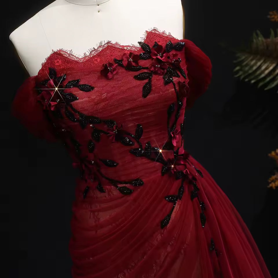 Red Evening Gown with Draped Tulle and Black Embroidery