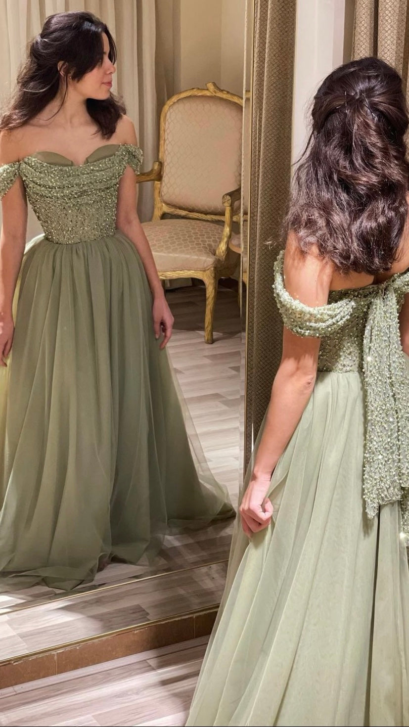 Elegant Off Shoulder Sage Evening Dress