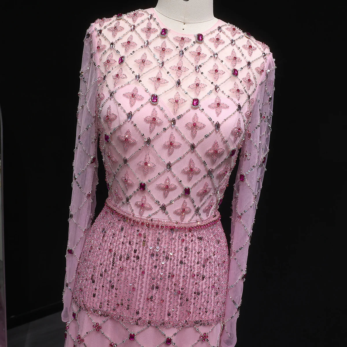 Pink Long-Sleeve Tiered Beaded Gown