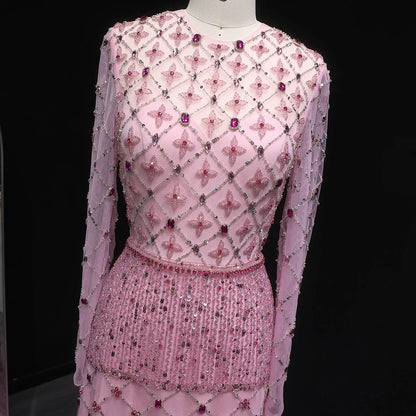 Pink Long-Sleeve Tiered Beaded Gown