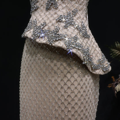 Luxury Silver Crystal Mermaid Evening Dress With Asymmetric Peplum