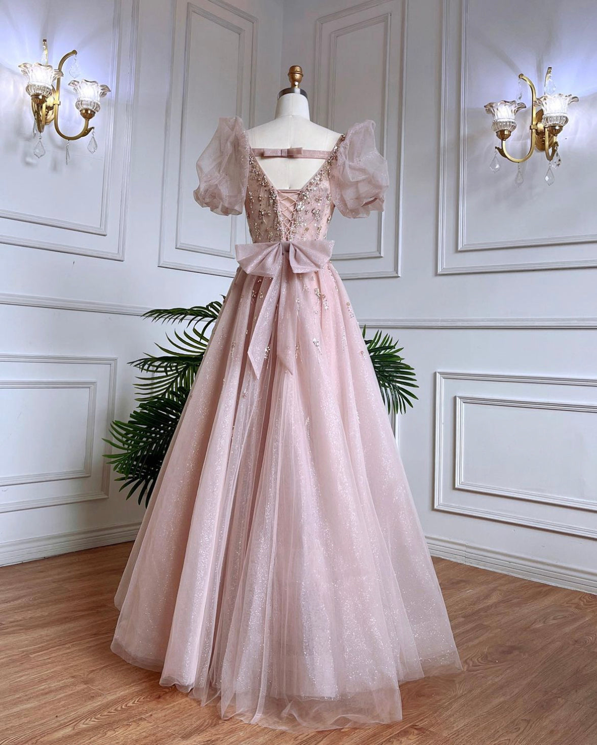 Pink Luxury Up Short Sleeves Evening Dress Gowns