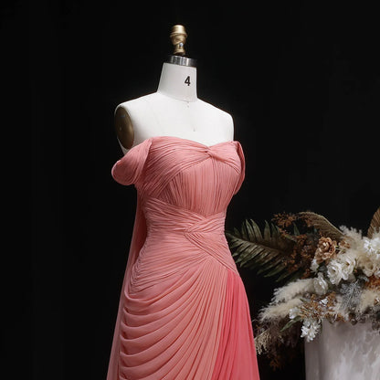 Coral Pink Off-the-Shoulder Chiffon Gown with Cascading Draping & Train