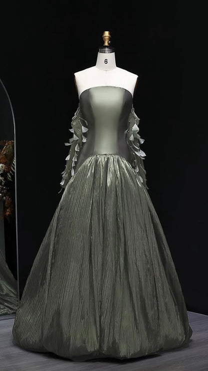 “Olive Glint” Strapless Gown with Sheer Gloves and Crinkled Metallic Skirt