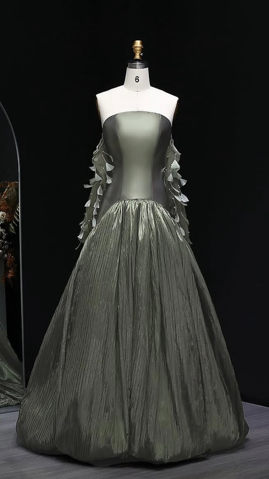 “Olive Glint” Strapless Gown with Sheer Gloves and Crinkled Metallic Skirt