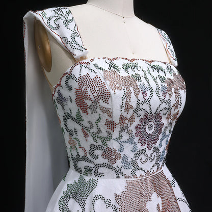 Crystal-Embroidered Couture Gown with Regal Drapes