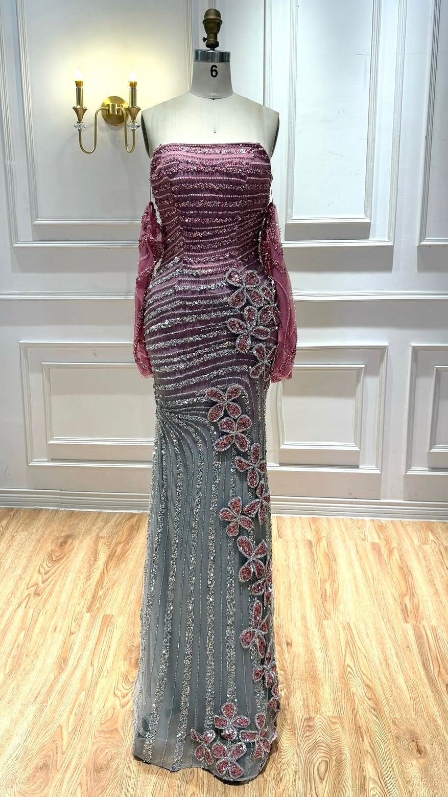 Two-Tone Crystal Strapless Gown with 3D Floral Appliqué
