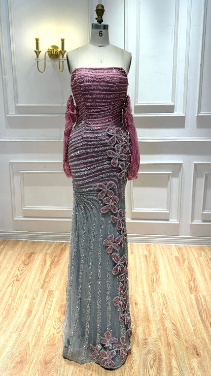 Two-Tone Crystal Strapless Gown with 3D Floral Appliqué