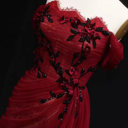 Red Evening Gown with Draped Tulle and Black Embroidery