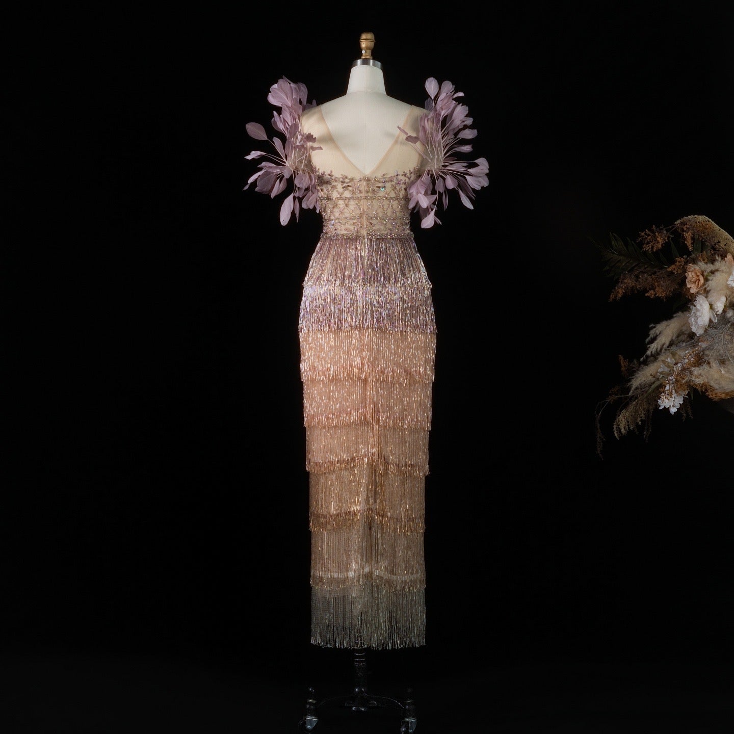 Luxurious Ombre Beaded Fringe Midi Cocktail Dress with Feather Sleeves