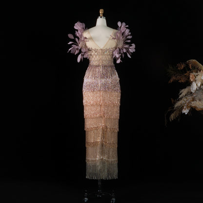 Luxurious Ombre Beaded Fringe Midi Cocktail Dress with Feather Sleeves