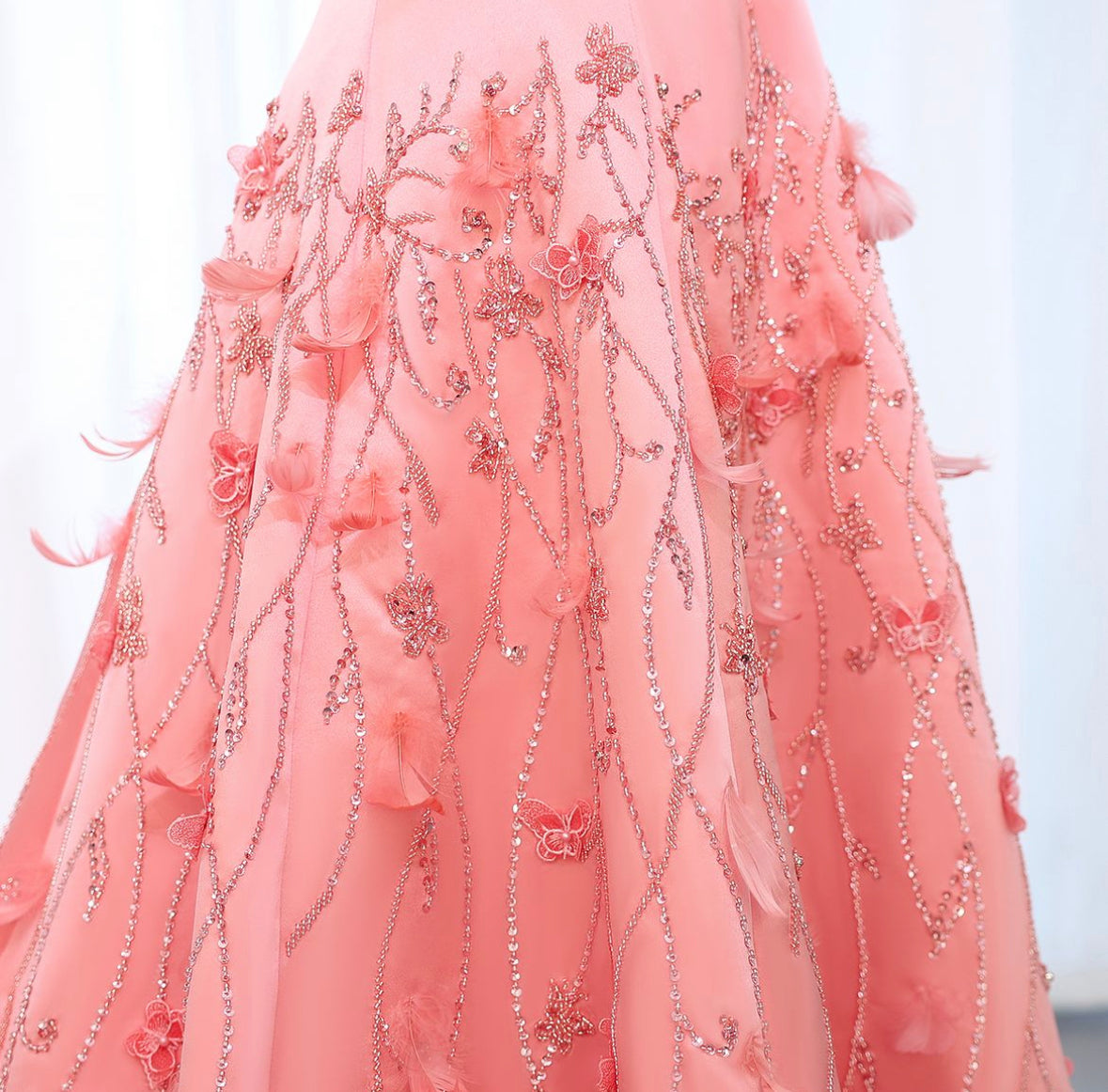 Luxury Feathers Coral Pink 3D Flowers Dress