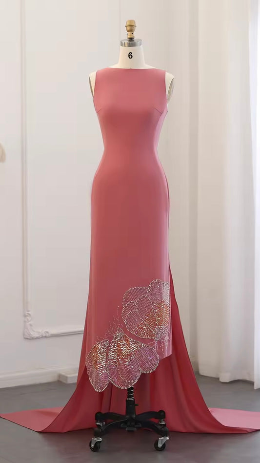 Elegant Fitted Gown with Beaded Butterfly Detail