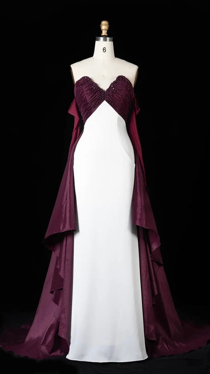 Elegant Contrast Evening Dress with Ruched Beaded Bodice and Statement Train