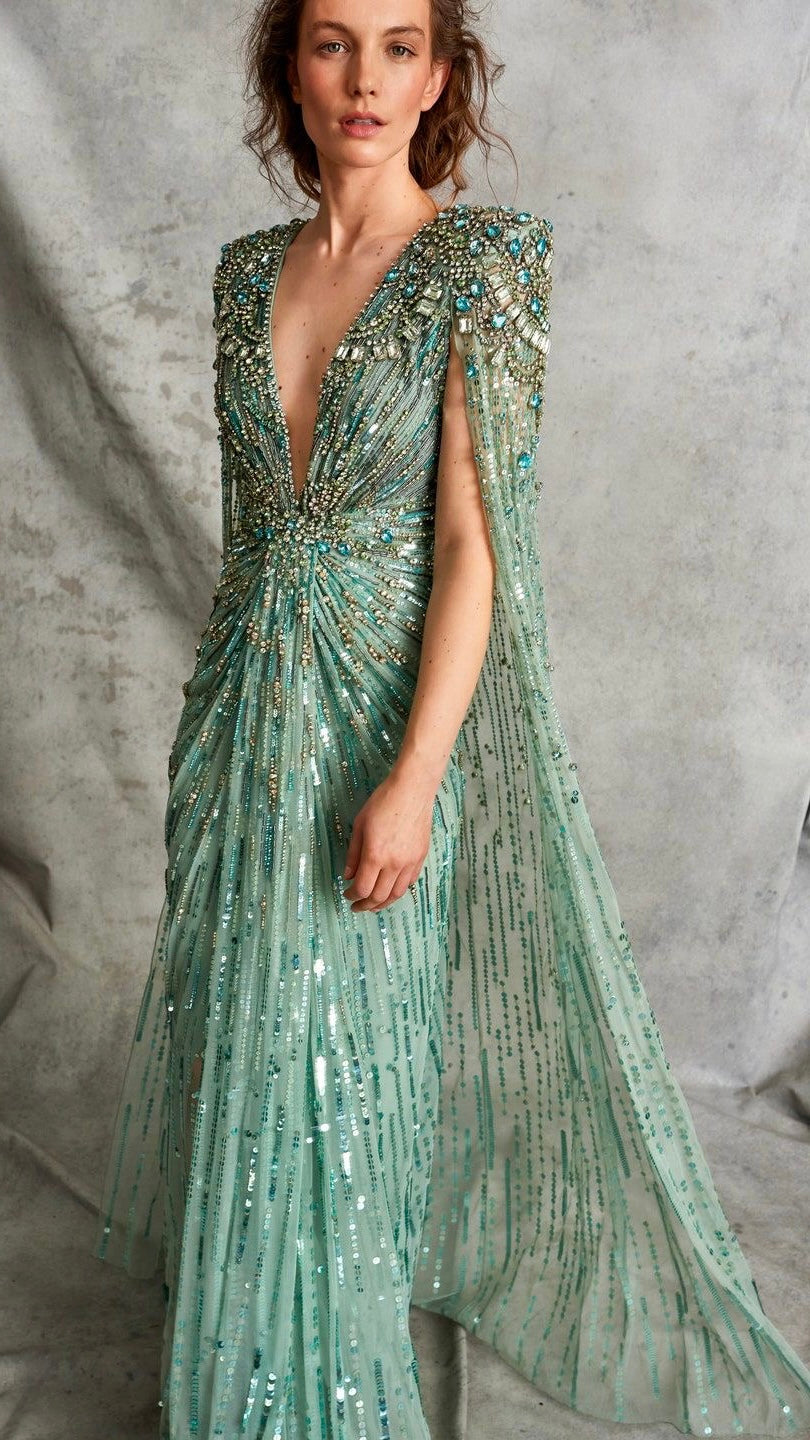 Turquoise Evening Dress Gowns 2024 with Beaded Cape Sleeves Design