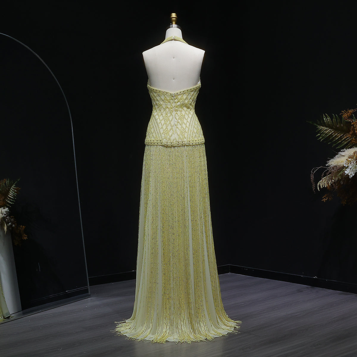 Exquisite Yellow Beaded Halter Neck Deep V Gala Gown