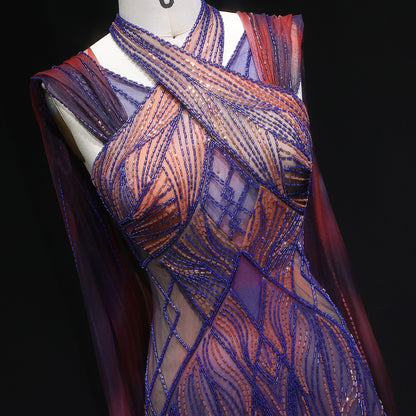 “Sunset Glow” Gown Hand Embroidered Luxury Dress in Violet & Fire Tones with Flowing Cape