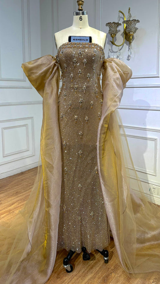 Luxury Gold Crystal Mermaid Evening Dress With Cape