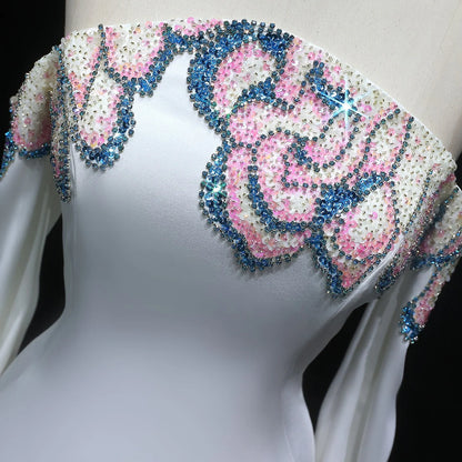 “Petal Edge” Sleek Gown with Off-Shoulder Sleeves and Crystal Floral Embroidery