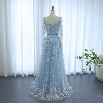 Luxury 3D Flower Long Sleeves Evening Dress