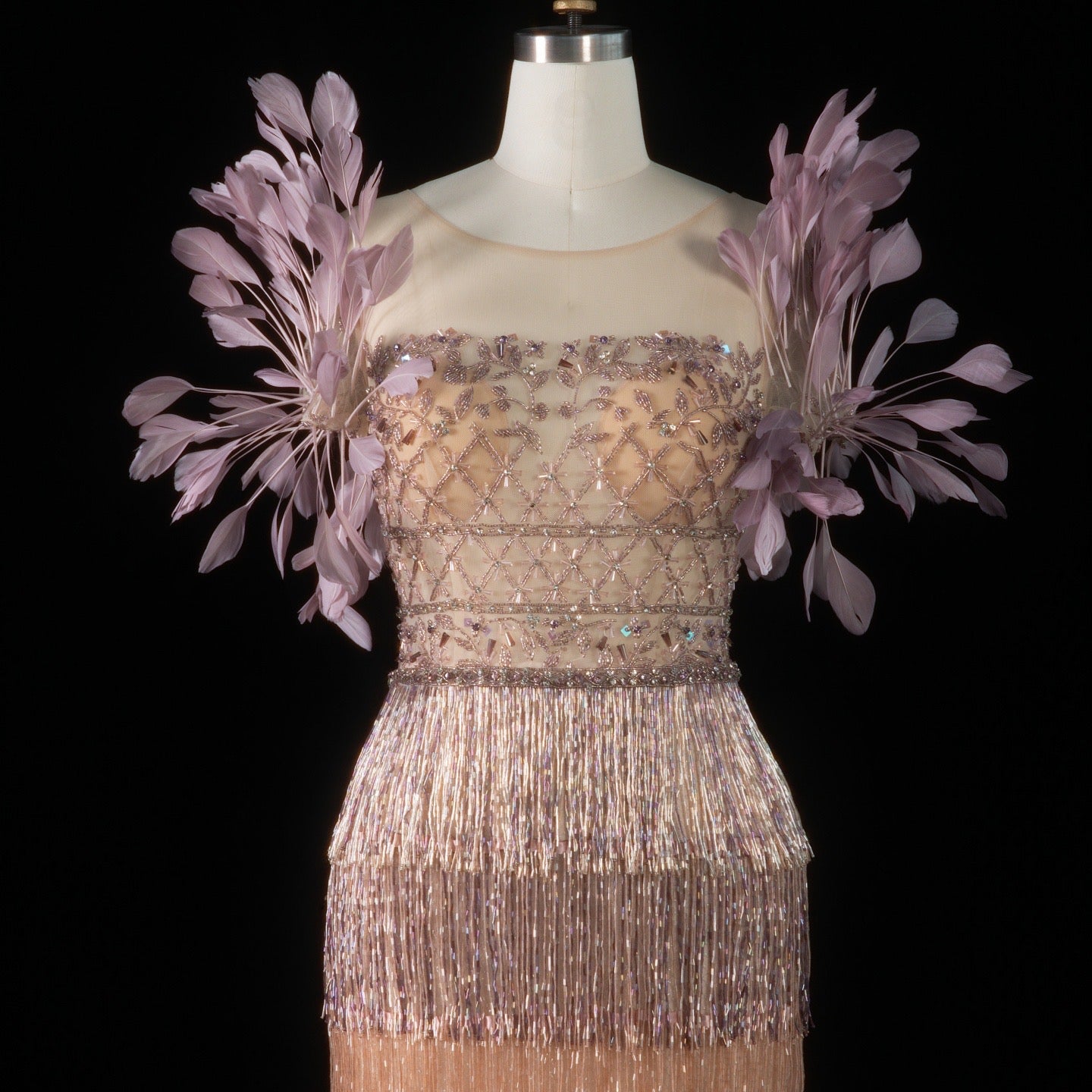 Luxurious Ombre Beaded Fringe Midi Cocktail Dress with Feather Sleeves
