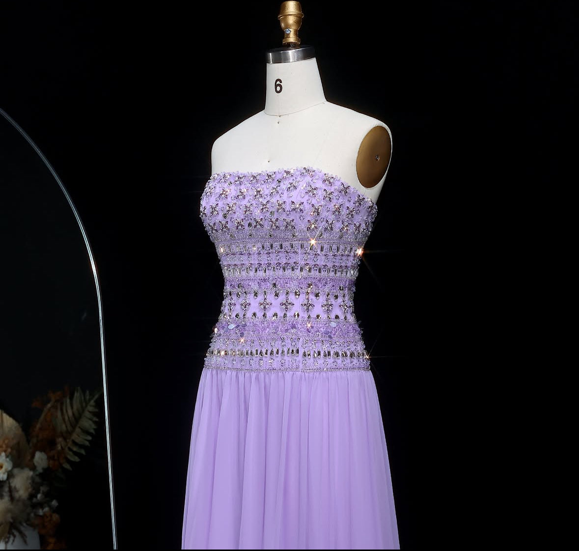 Strapless Lavender Evening Dress with Crystal and Beaded Embellishments