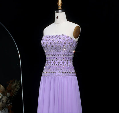 Strapless Lavender Evening Dress with Crystal and Beaded Embellishments