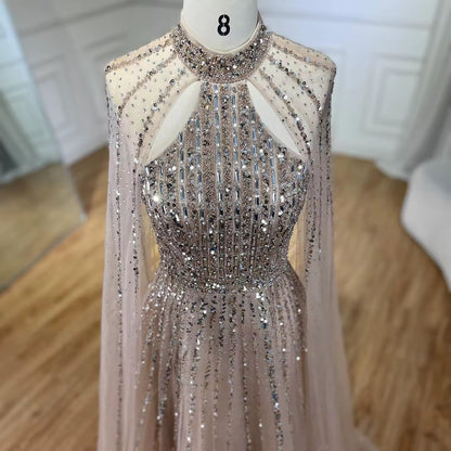 High-Neck Evening Gown with Sparkling Tulle Cape