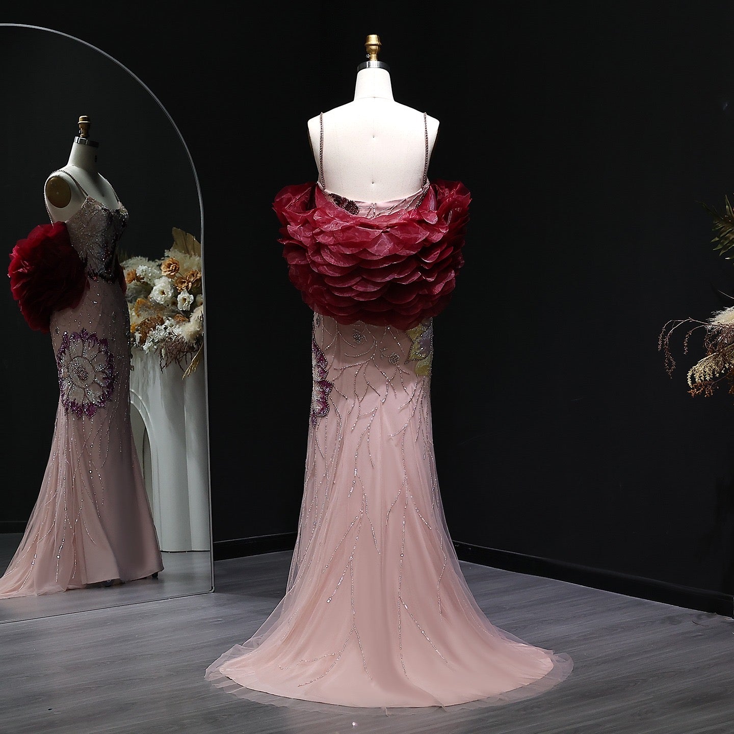 Pink Beaded Gown with Floral Embroidery and Burgundy Shoulder Shawl