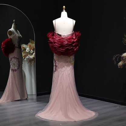 Pink Beaded Gown with Floral Embroidery and Burgundy Shoulder Shawl