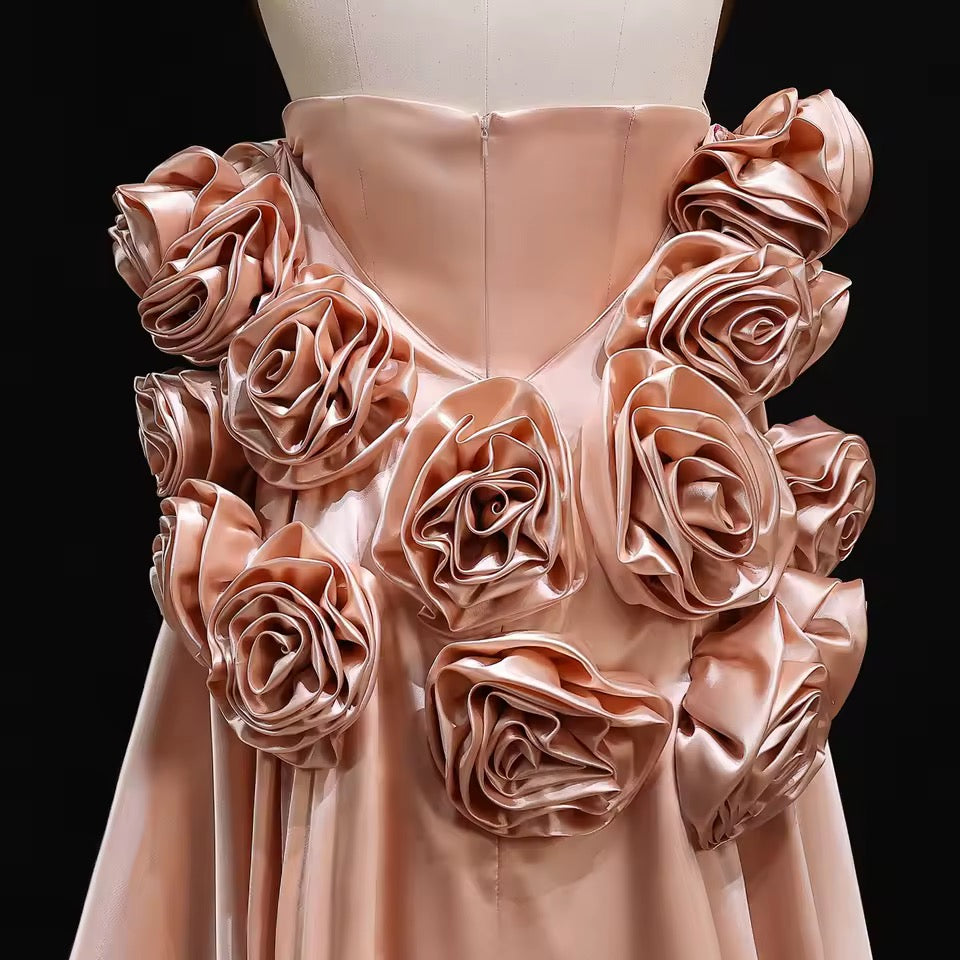 “Blush Garden” Gown – 3D Floral Details & Royal Long Satin Flow