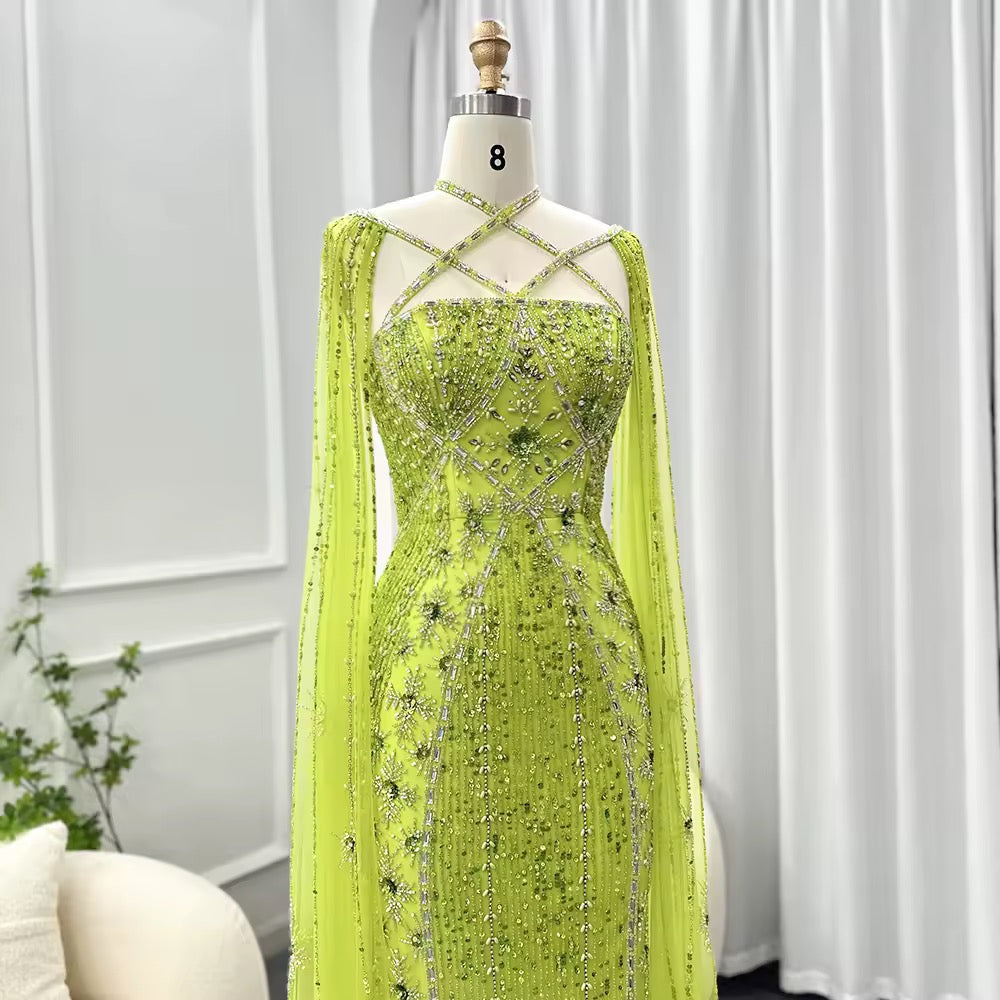 Elegant Beaded Gown with Open Sleeves and Crystal Detailing