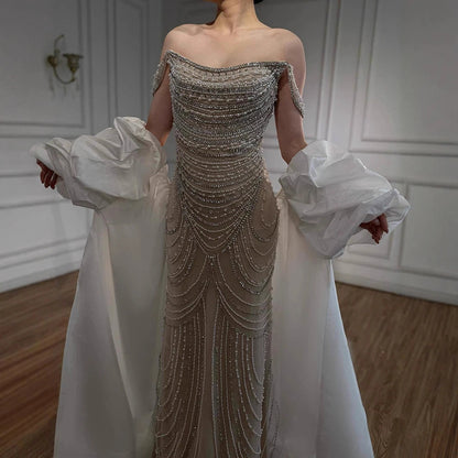 “Pearl Symphony” Luxury Crystal Gown with Flowing White Drape