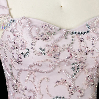 Royal Evening Gown with Cascading Crystal Beads and Floral Patterns