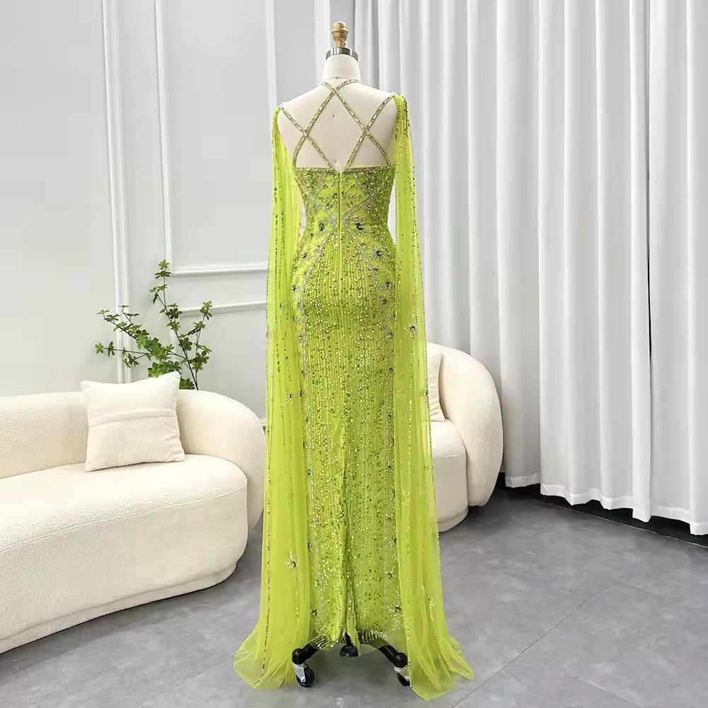 Elegant Beaded Gown with Open Sleeves and Crystal Detailing