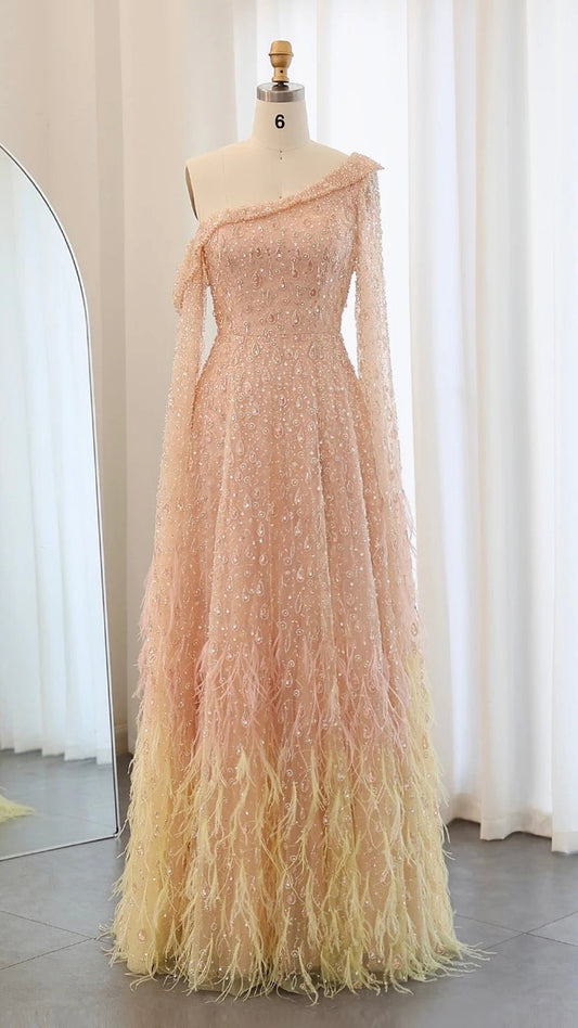 Luxury Feather One Shoulder Evening Dress with Cape Sleeve