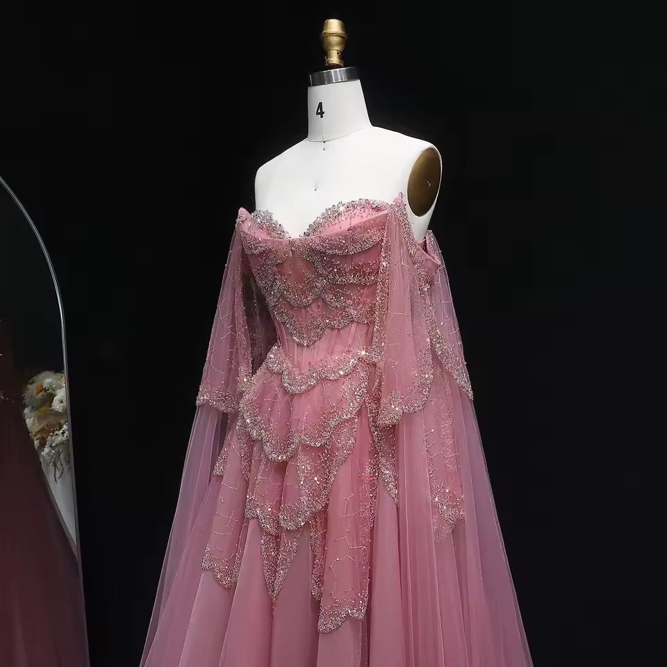 ‏Luxury Sage Green Off-Shoulder Evening Gown with Cape Sleeves
