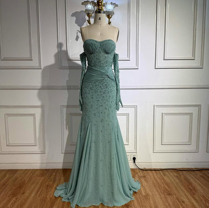 Sage Green Embellished Gown with Coordinated Gloves