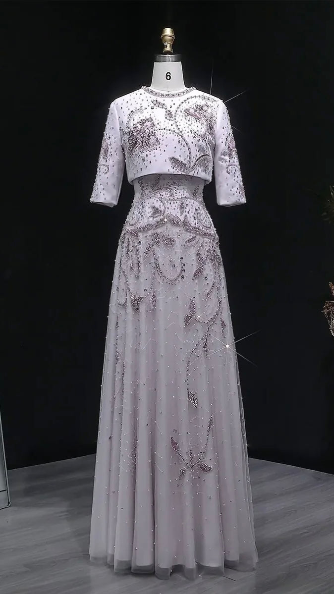 Modest Illusion Mock-Two-Piece Gown with Intricate Hand-Beading