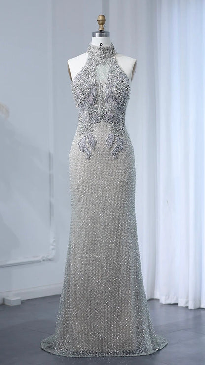 Halter Silver Nude Beaded Luxury Evening Dress