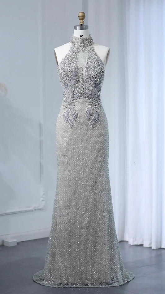 Halter Silver Nude Beaded Luxury Evening Dress