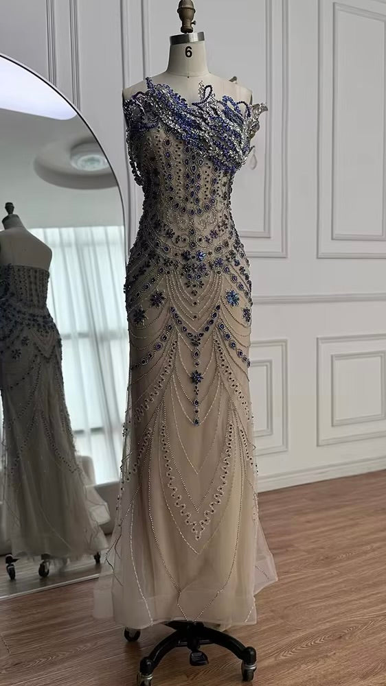 Luxury Gown with Royal Blue Crystal Embroidery
