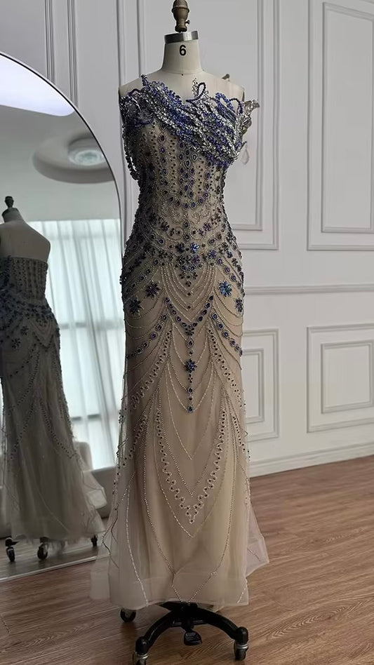 Luxury Gown with Royal Blue Crystal Embroidery